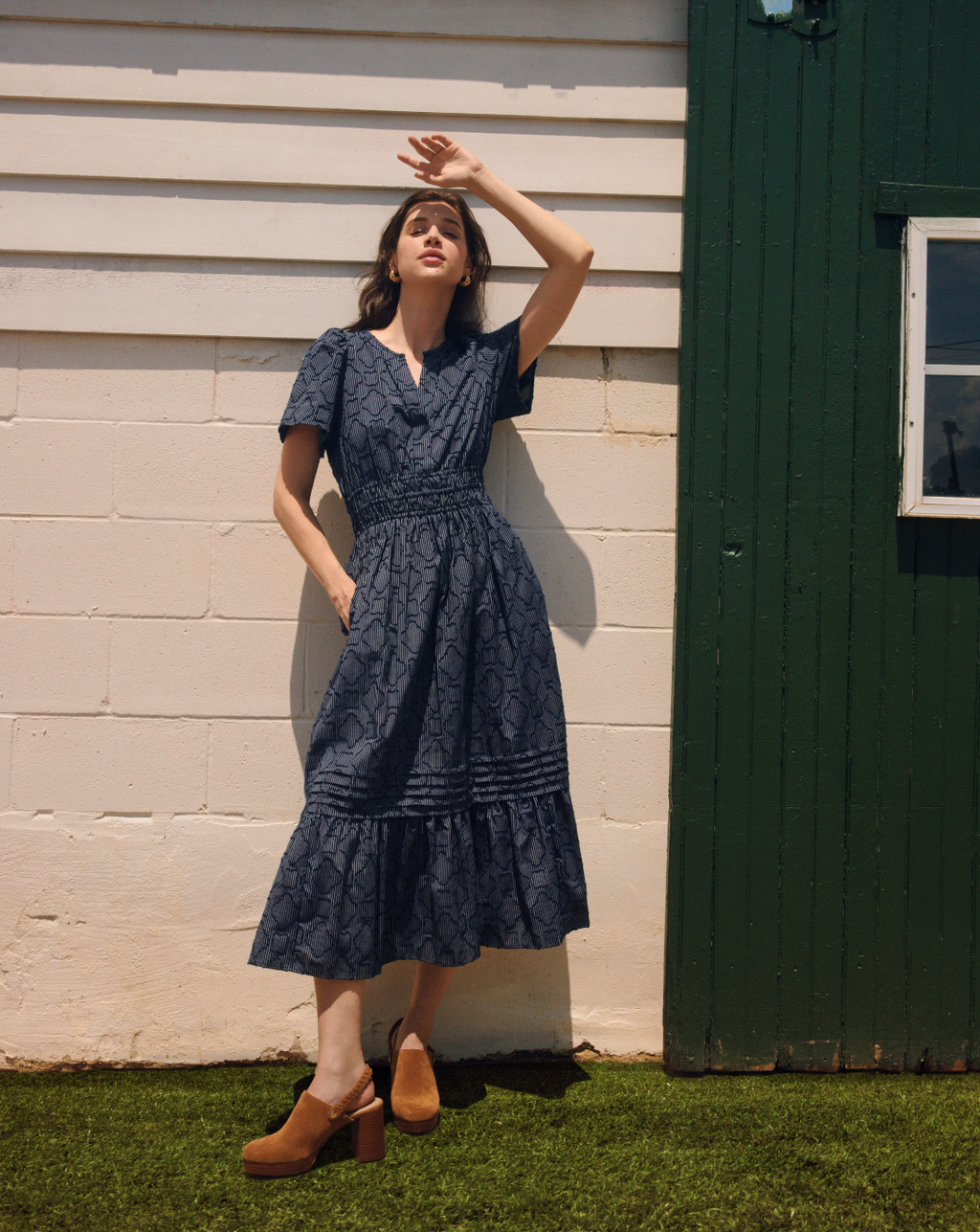Hollie Midi Dress in Navy Textured Stripe