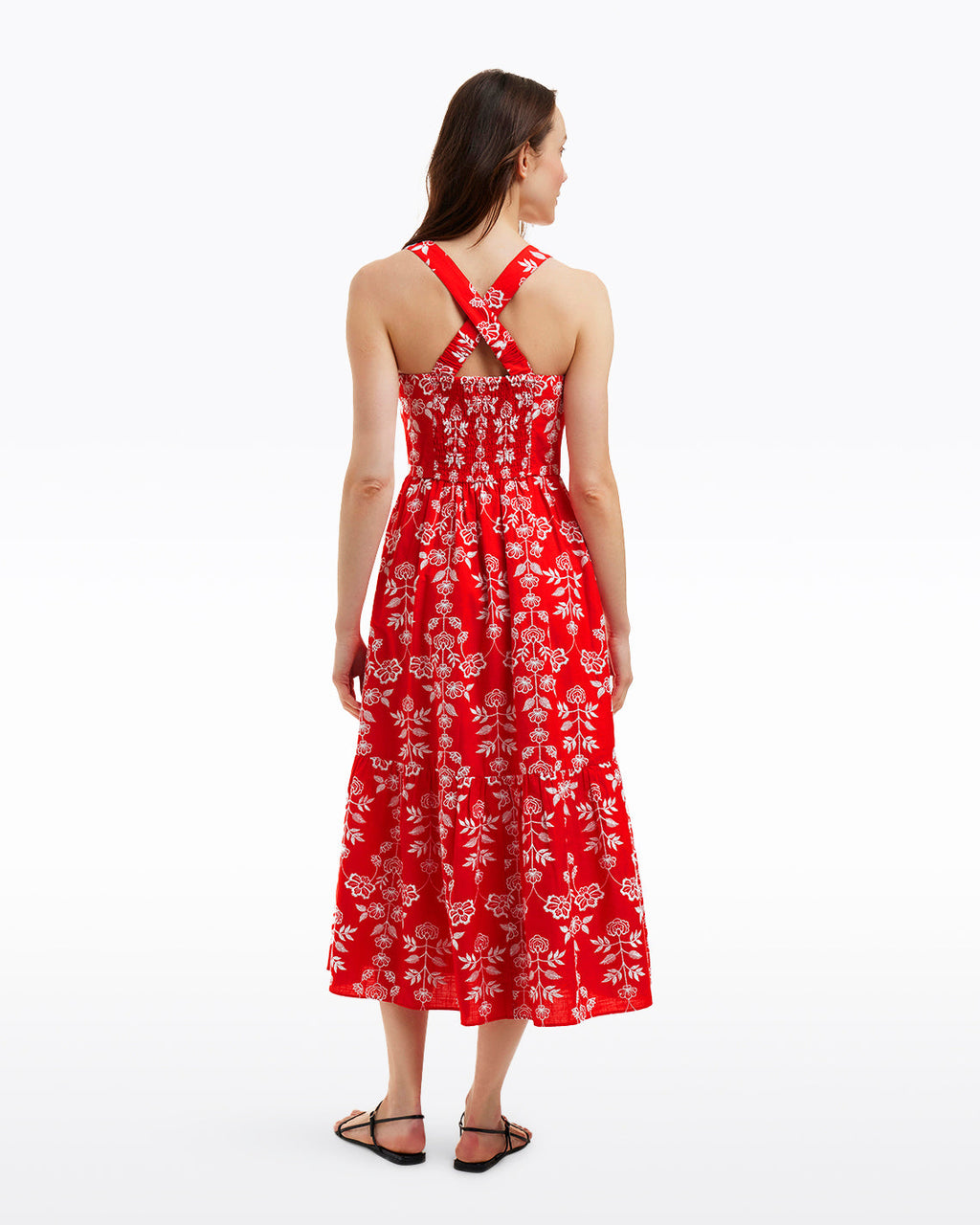 Cynthia Embroidered Midi Dress in Red Floral Embroidery