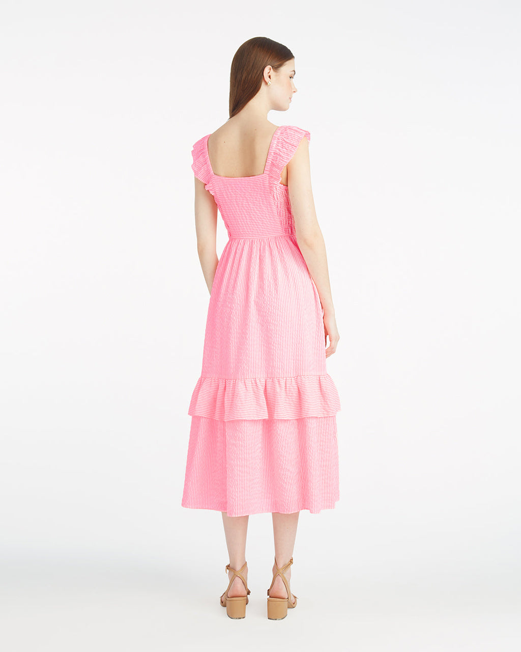Carrie Midi Dress in Pink Seersucker