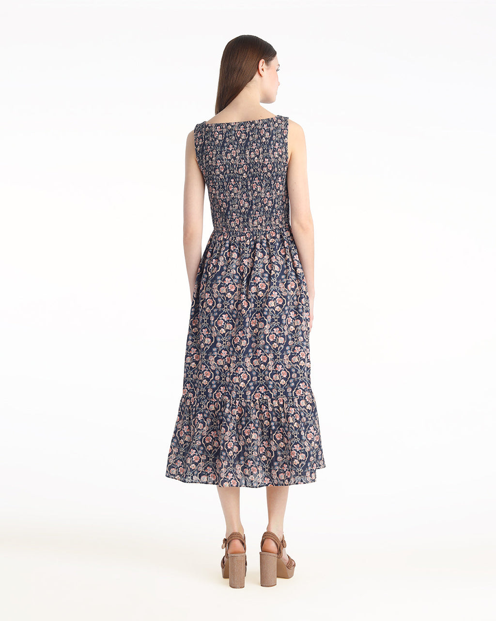 Wren Sleeveless Smocked Midi Dress in Twilight Vines